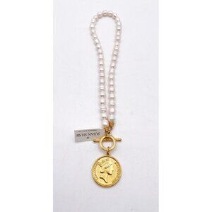 NWT Susan Shaw Queen Elizabeth Coin On Pearl Pendant Necklace Gold Tone USA